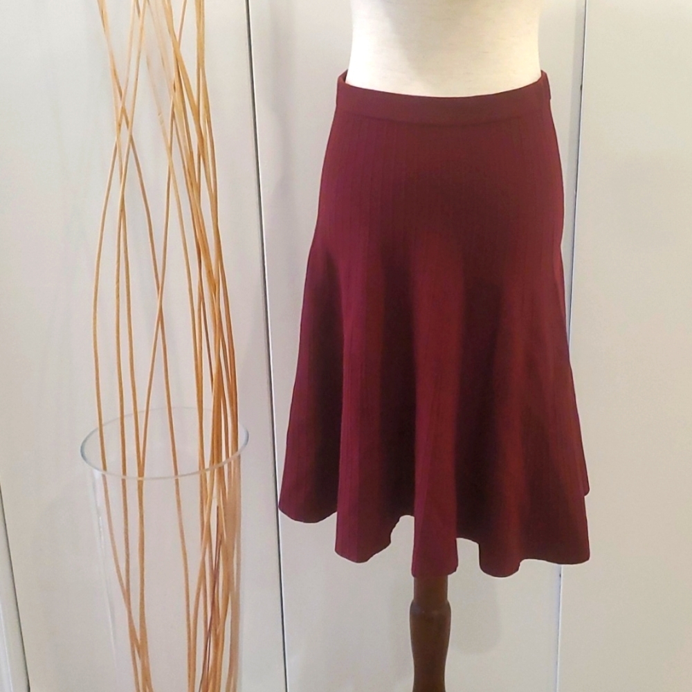 Chelsea and Theodore Burgundy Ribbed, Pleat Knit A-line Midi Skirt Size M - Picture 1 of 5